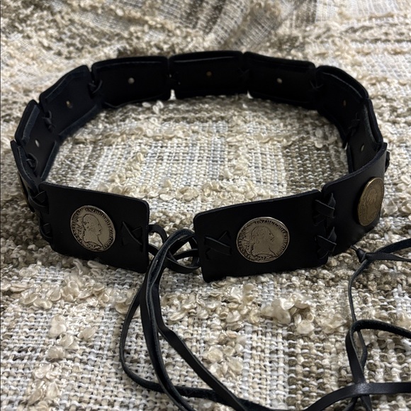 Black Leather Coin-Accent Bohemian Belt Unbranded - Picture 2 of 11